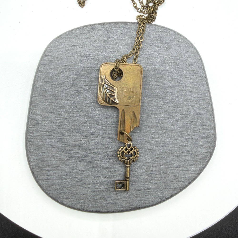 Repurposed Key Necklace Skeleton Key Leaf Charm Industrial Steampunk Brass Tone